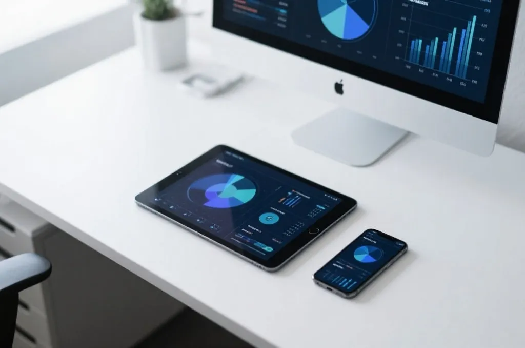 An organized workspace with a tablet and a smartphone showing abstract data dashboard visualizations, bright lighting, professional corporate aesthetic